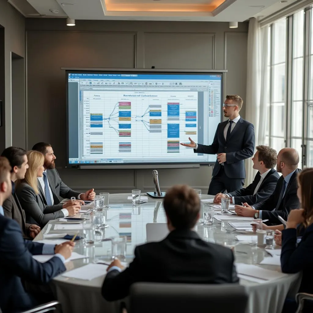 Consultor experto presentando estrategias innovadoras a un cliente corporativo