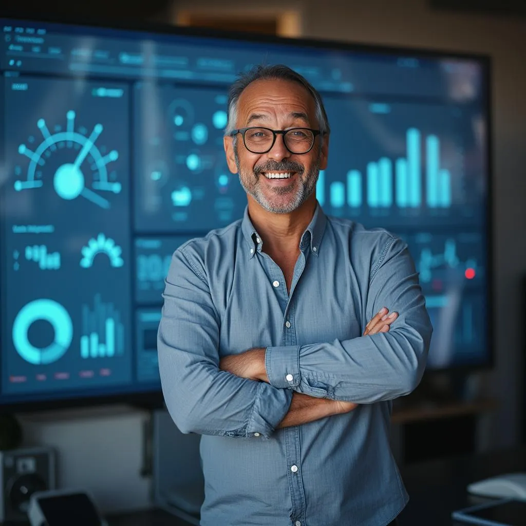 Empresario sonriendo frente a una moderna interfaz digital