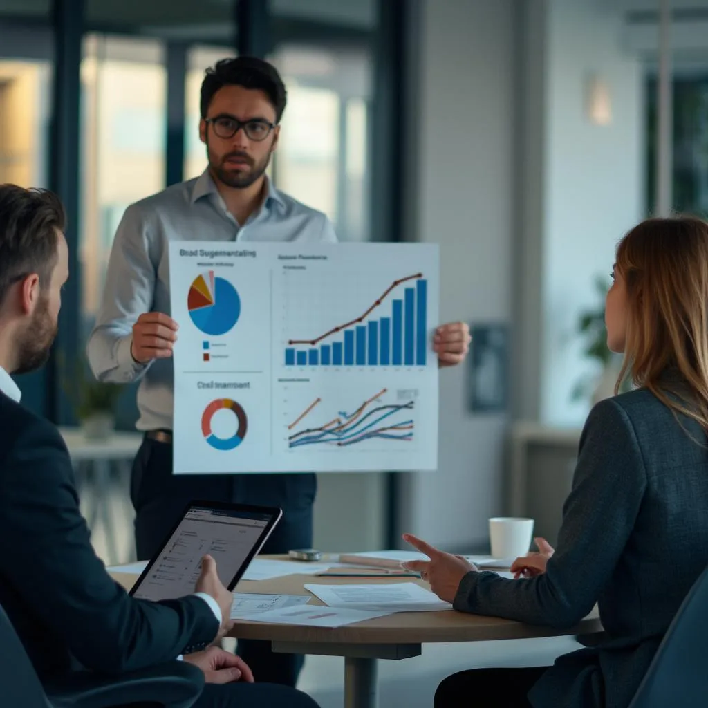 Consultor mostrando gráficos de éxito